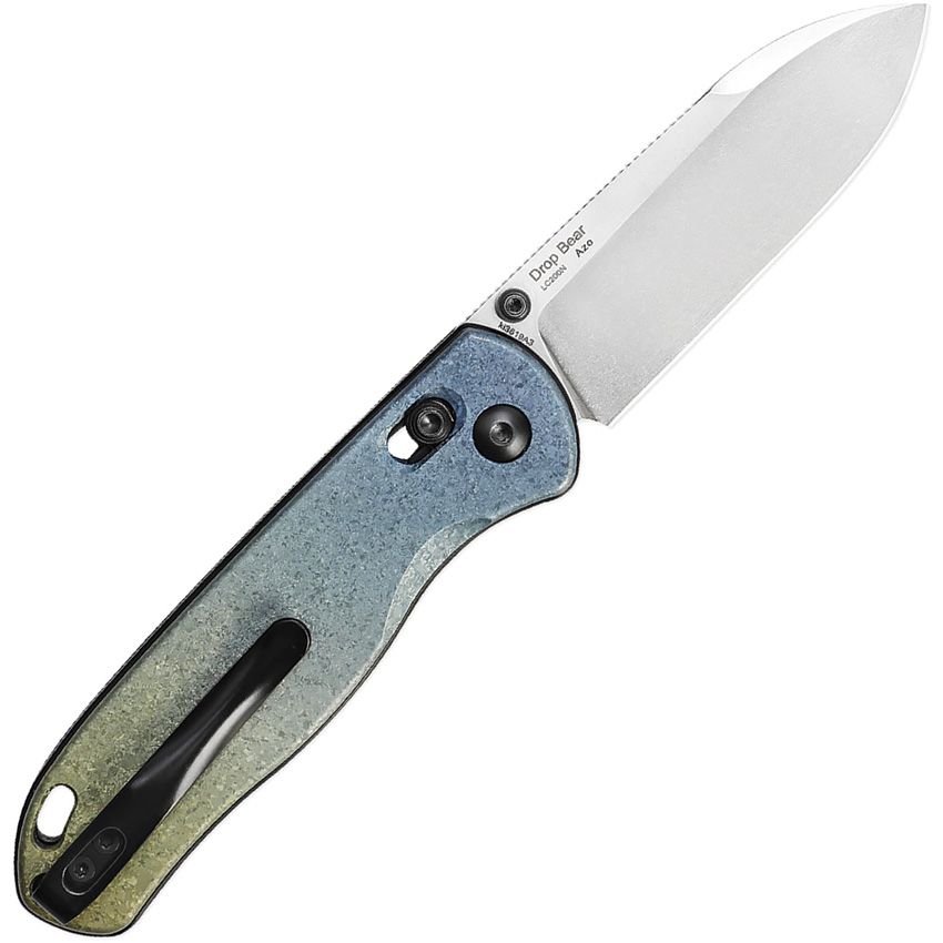 KIZER DROP BEAR KI3619A3 – STONEWASH LC200N DROP POINT BLADE – TITANIUM BLUE/GOLD – CLUTCH LOCK –  MADE IN CHINA