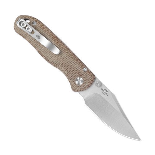 KIZER DROP BEAR 2 V3619.2CC1 – SATIN NITRO‑V CLIP POINT BLADE – BROWN MICARTA HANDLE – DESIGNED BY AZO – MADE IN CHINA
