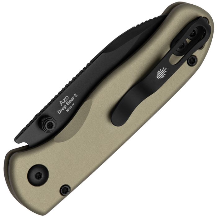 KIZER DROP BEAR V3619.2CD1 – BLACK DLC NITRO-V DROP POINT BLADE – TAN ALUMINUM HANDLE – CLUTCH LOCK – MADE IN CHINA