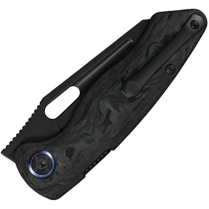 KUNWU KNIVES GERONIMO VERTA LOCK FRONT FLIPPER KNIFE 3.58" VANAX SATIN REVERSE TANTO BLADE, MARBLED CF HANDLES, TIMASCUS PIVOT COLLARS - B718-CF2 - S&R Knives Inc.