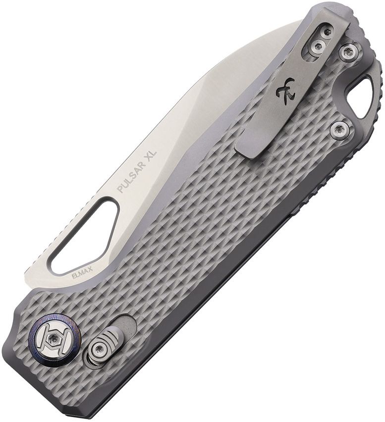 KUNWU KUNX705XLT1 PULSAR – ELMAX SATIN DROP POINT BLADE – GRAY TEXTURED TITANIUM HANDLE – XT LOCK – MADE IN CHINA