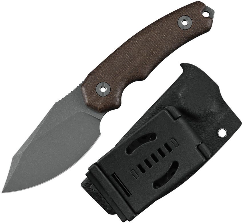 KUNWU STIFFY D F706BR-1 – STONEWASH VANADIS 4 CLIP POINT BLADE – BROWN BURLAP MICARTA HANDLE – FIXED BLADE – MADE IN CHINA
