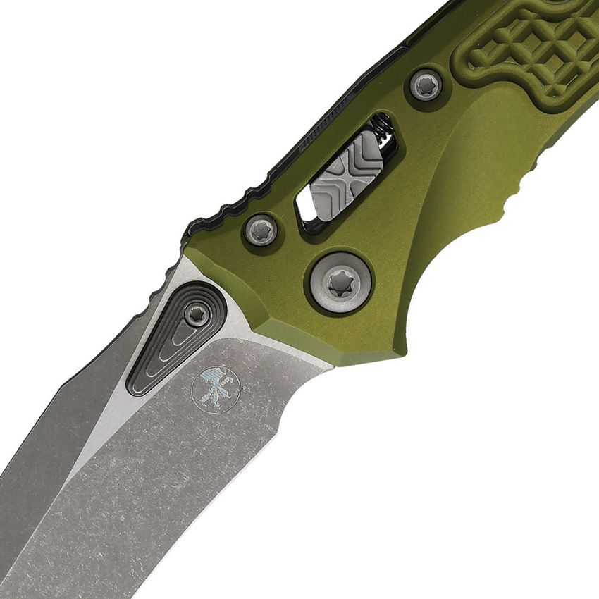 MICROTECH 137MRL-10APFROD APOCALYPTIC AMPHIBIAN MINI RAM-LOK MANUAL FOLDING KNIFE 3.25" M390MK STONEWASHED CLIP POINT PLAIN BLADE, OD FRAG ALUMINUM HANDLES, REVERSIBLE CLIP, AXIS/CROSSBAR LOCK - S&R Knives Inc.