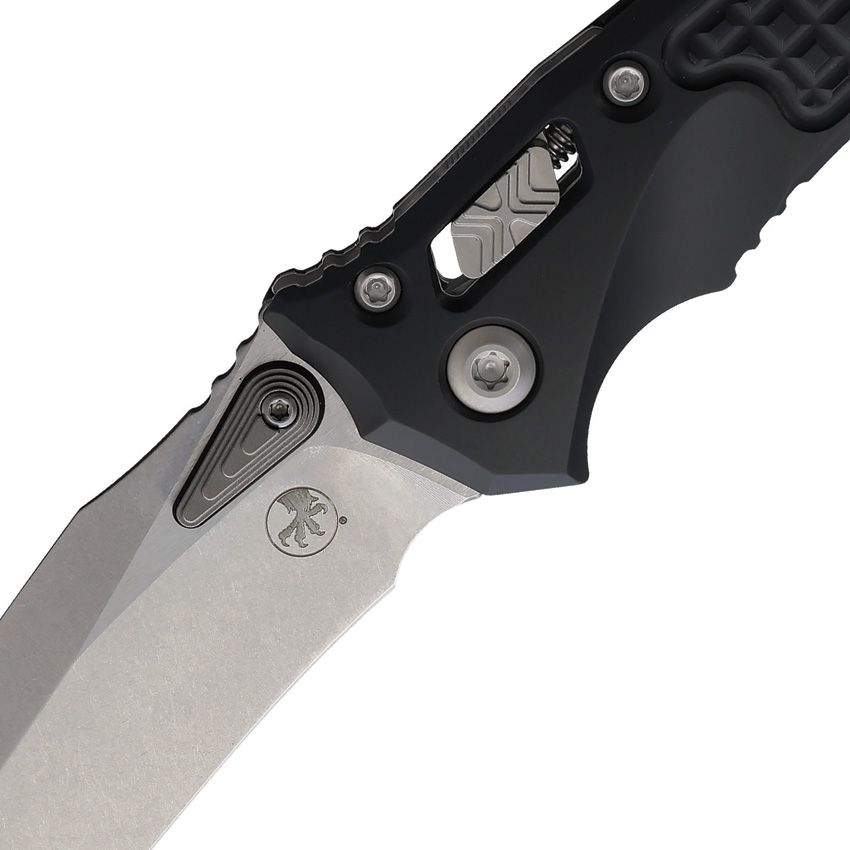 MICROTECH 137MRL-10FR AMPHIBIAN MINI RAM-LOK MANUAL FOLDING KNIFE 3.25" M390MK STONEWASHED CLIP POINT PLAIN BLADE, BLACK FRAG ALUMINUM HANDLES, REVERSIBLE CLIP, AXIS/CROSSBAR LOCK - S&R Knives Inc.