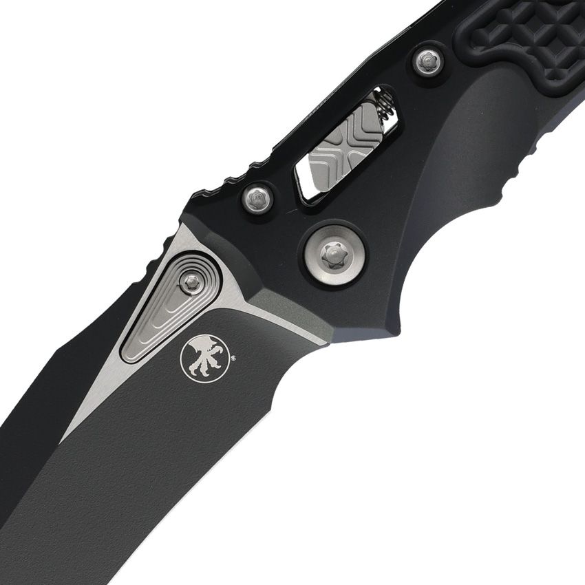 MICROTECH 137MRL-1FR AMPHIBIAN MINI RAM-LOK MANUAL FOLDING KNIFE 3.25" M390MK BLACK CLIP POINT PLAIN BLADE, BLACK FRAG ALUMINUM HANDLES, REVERSIBLE CLIP, AXIS/CROSSBAR LOCK - S&R Knives Inc.