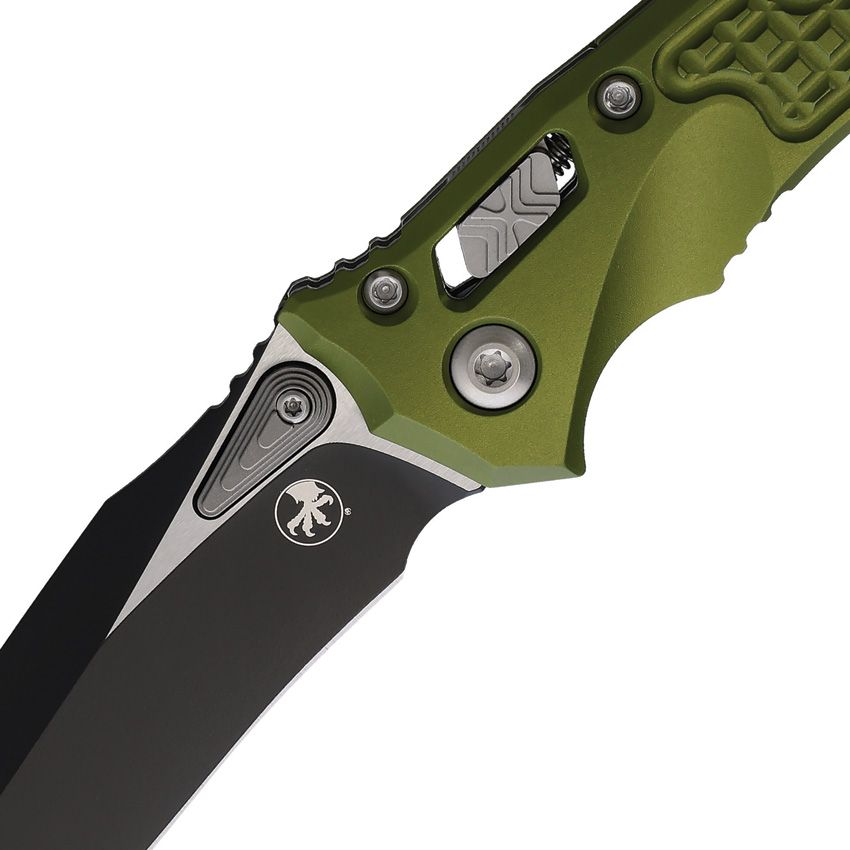 MICROTECH 137MRL-1FROD AMPHIBIAN MINI RAM-LOK MANUAL FOLDING KNIFE 3.25" M390MK BLACK CLIP POINT PLAIN BLADE, OD GREEN FRAG ALUMINUM HANDLES, REVERSIBLE CLIP, AXIS/CROSSBAR LOCK - S&R Knives Inc.