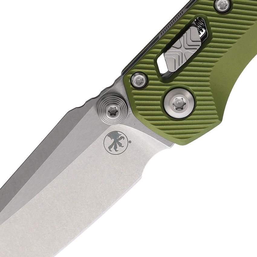 MICROTECH MSI MINI RAM-LOK MCT210M10FLOD – STONEWASH BÖHLER M390MK MODIFIED SHEEPSFOOT BLADE – OD GREEN FLUTED ALUMINUM HANDLE – MADE IN THE USA