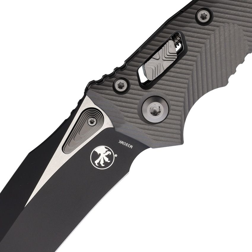 MICROTECH AMPHIBIAN S/E RAM-LOK MCT16987 – TWO-TONE BOHLER M390MK BLADE – GRAY FLUTED ALUMINUM HANDLE – MANUAL FOLDER – MADE IN THE USA