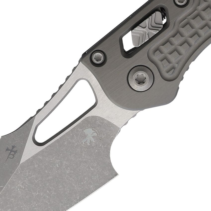 MICROTECH M-STITCH MINI RAM-LOK 169MRL-10APFRNC – APOCALYPTIC BOHLER M390MK SPEAR POINT BLADE – GRAY FRAG ALUMINUM HANDLE – MADE IN USA - S&R Knives Inc.