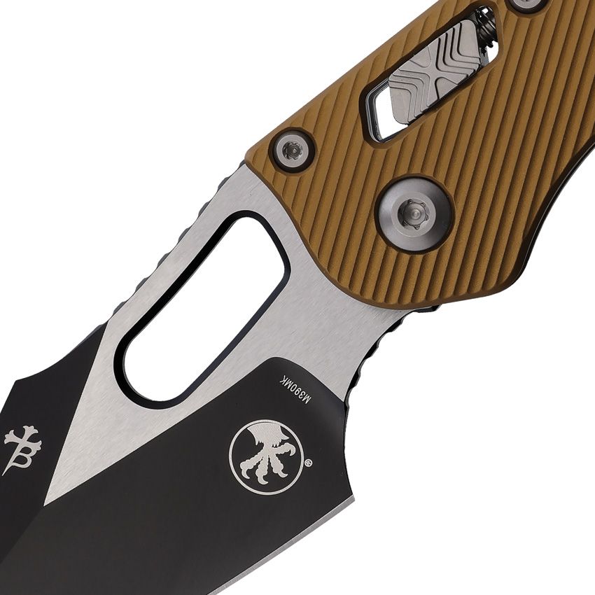 MICROTECH STITCH S/E RAM‑LOK MCT16517 – TWO‑TONE M390MK BLADE – FLUTED TAN ALUMINUM HANDLE – MADE IN USA