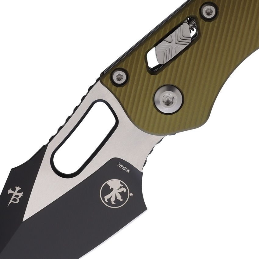 MICROTECH STITCH S/E RAM-LOK MCT16814 – TWO-TONE M390MK STAINLESS BLADE – OD GREEN FLUTED ALUMINUM HANDLE – MADE IN USA