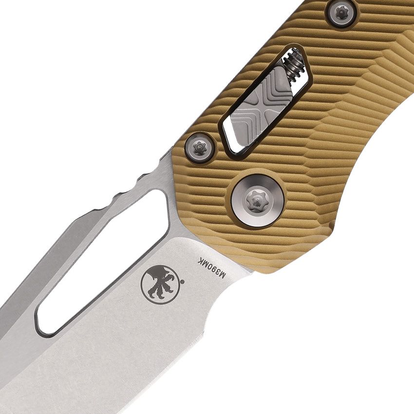 MICROTECH MSI RAM-LOK MCT17784 – STONEWASH M390MK SHEEPSFOOT BLADE – TAN FLUTED ALUMINUM HANDLE – MADE IN USA