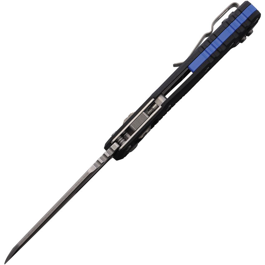 MICROTECH MSI RAM-LOK MCT210T10PMBKA1 17365 FOLDING KNIFE – M390MK SHEEPSFOOT BLADE – RAM-LOK – BLACK POLYMER HANDLE BLUE BACKSPACER FOLDING KNIFE– MADE IN USA