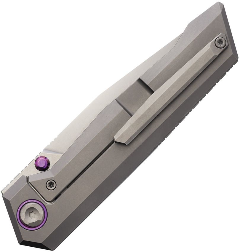POIKILO BLADE SALVATOR PKBSLVTRS1 – PEARLESCENT STONEWASH M398 TANTO BLADE – GRAY TITANIUM HANDLE WITH PURPLE ACCENTS – MADE IN CHINA