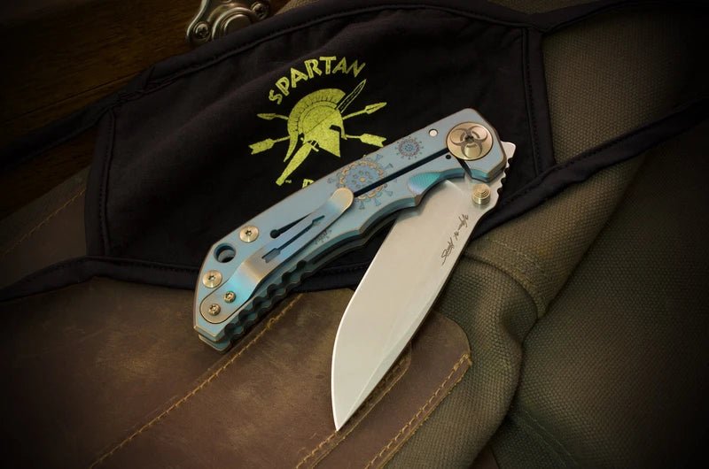 SPARTAN BLADES HARSEY FOLDER PLAGUE DOCTOR GREEN SPECIAL EDITION SF5CUSTOM – SATIN MAGNACUT SPEAR POINT BLADE – ENGRAVED TI HANDLE – MADE IN USA - S&R Knives Inc.