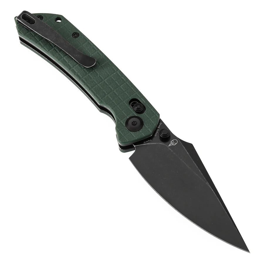 TENABLE FENRIR T1034V12 – BLACKWASHED NITRO-V HARPOON BLADE – GREEN FRAG PATTERN G10 HANDLE – CROSSBAR LOCK – MADE IN CHINA