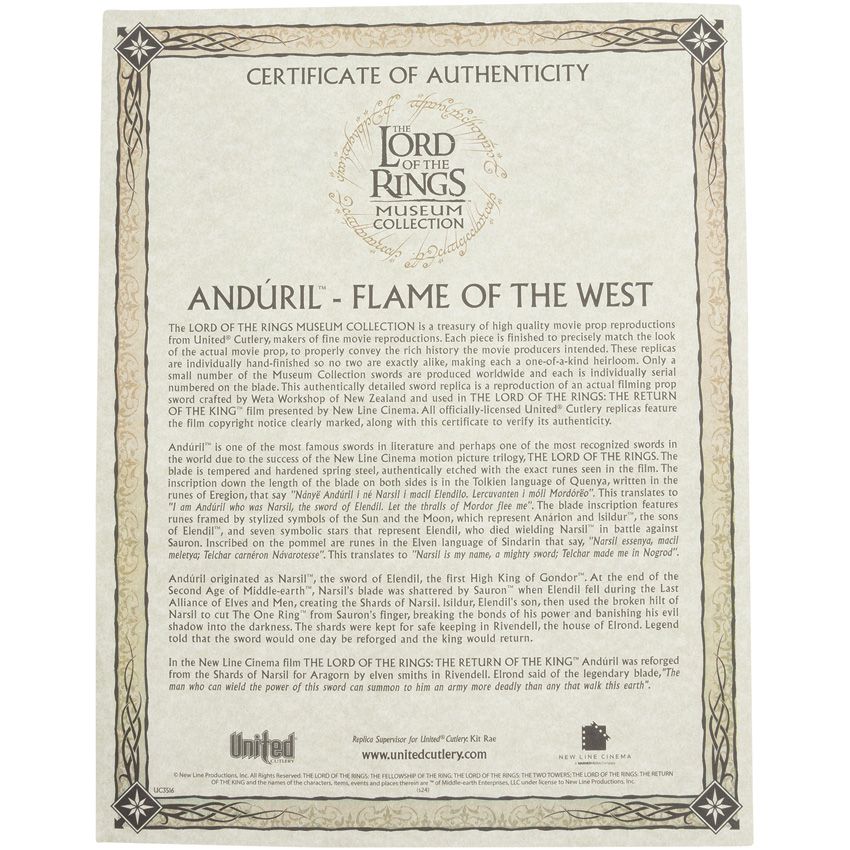 UNITED CUTLERY UC3516 LOTR ANDURIL MUSEUM COLLECTION SERIALIZED SWORD.