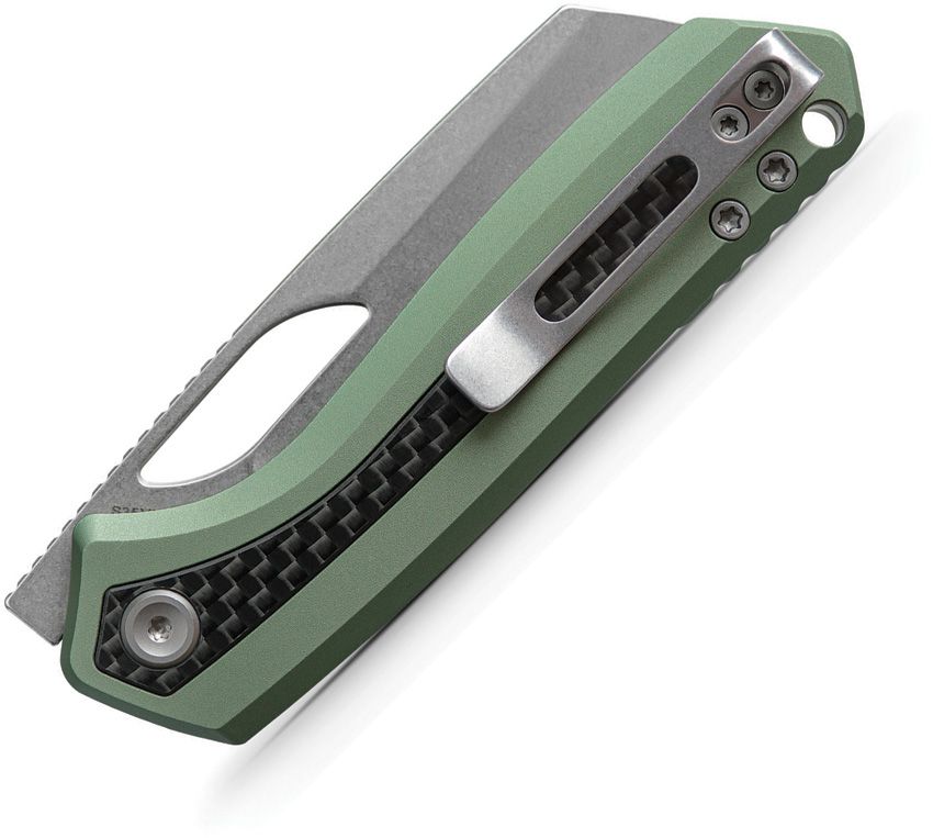VOSTEED KROC A1803 – STONEWASHED S35VN REVERSE TANTO BLADE – GREEN ALUMINUM HANDLE WITH CARBON FIBER INLAYS