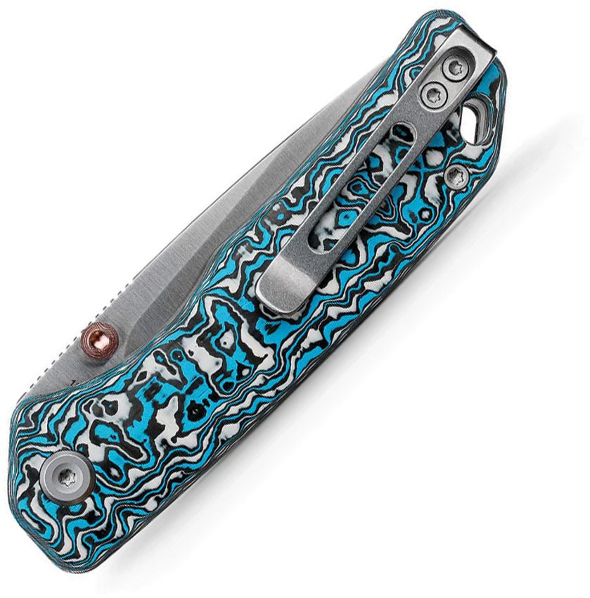VOSTEED MARTEN A1609 – SATIN 154CM DROP POINT – BLUE CARBON FIBER – TOP‑LINER BUTTON LOCK – MADE IN CHINA