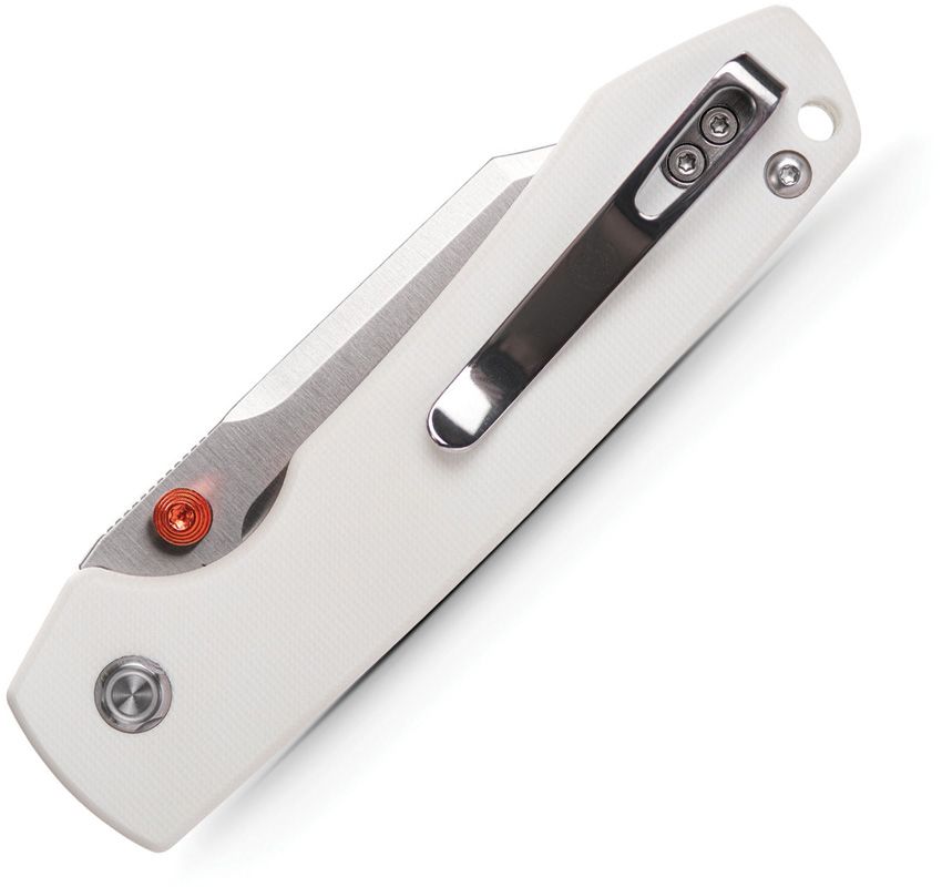 VOSTEED RACCOON BUTTON LOCK A2912 – SATIN 14C28N BOWIE BLADE – WHITE G10 HANDLE – MADE IN CHINA