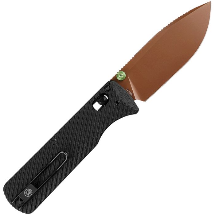 VOSTEED KNIVES VOMBAT CROSSBAR LOCK FOLDING KNIFE 2.92" 14C28N COPPER DUNE DROP POINT BLADE, BLACK G10 HANDLES - A4110 - S&R Knives Inc.