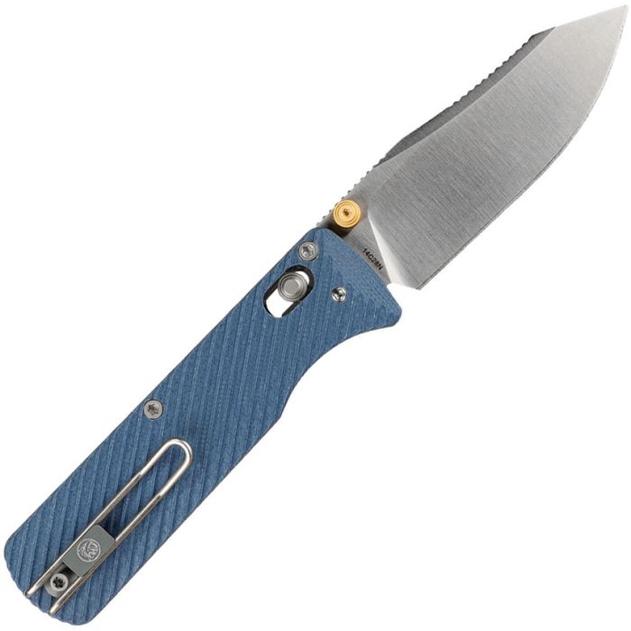 VOSTEED KNIVES VOMBAT CROSSBAR LOCK FOLDING KNIFE 2.92" 14C28N STONEWASHED CLIP POINT BLADE, BLUE G10 HANDLES - A4112 - S&R Knives Inc.