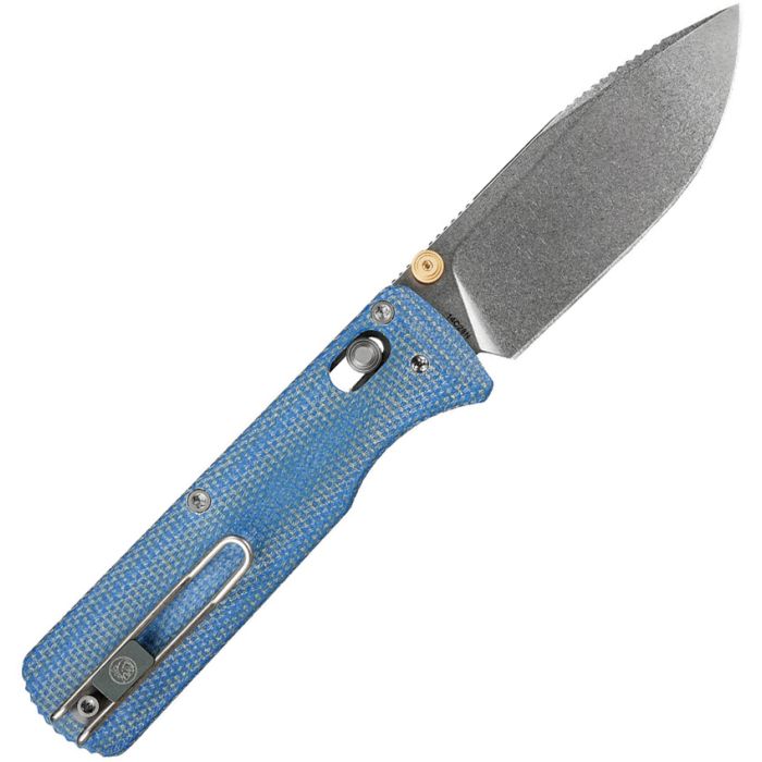 VOSTEED KNIVES VOMBAT CROSSBAR LOCK FOLDING KNIFE 2.92" 14C28N STONEWASHED DROP POINT BLADE, BLUE MICARTA HANDLES - A4109 - S&R Knives Inc.