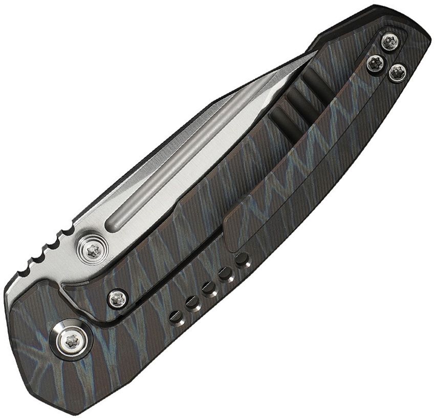 WE KNIFE MICRO TROGON FRAME LOCK WE24043-3 – SATIN BOHLER M390 SPEAR POINT TANTO BLADE – TIGER STRIPE FLAMED TITANIUM HANDLE – MADE IN CHINA