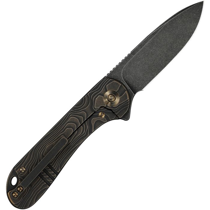 WE KNIFE COMPANY ELEMENTUM FRAME LOCK FLIPPER KNIFE 2.96" MAGNACUT BLACK STONEWASHED DROP POINT BLADE, BRONZE/BLACK TOPOGRAPHIC MACHINED TITANIUM HANDLES, REVERSIBLE CLIP - WE18062XA-3 - S&R Knives Inc.