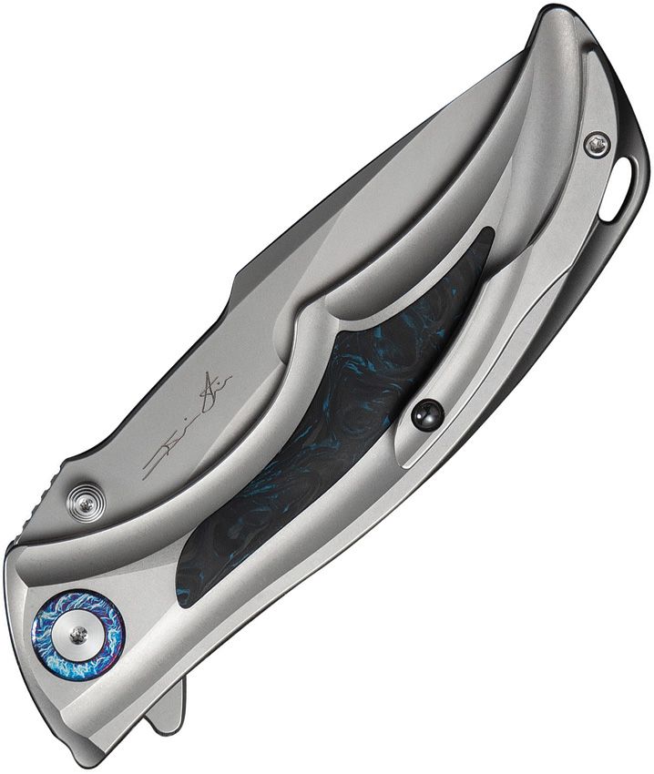 WE KNIFE CO. TIGHE DOWN WE24054-1 BUTTON LOCK – STONEWASH M390 DROP POINT BLADE – TITANIUM & BLUE CARBON FIBER HANDLE – MADE IN CHINA